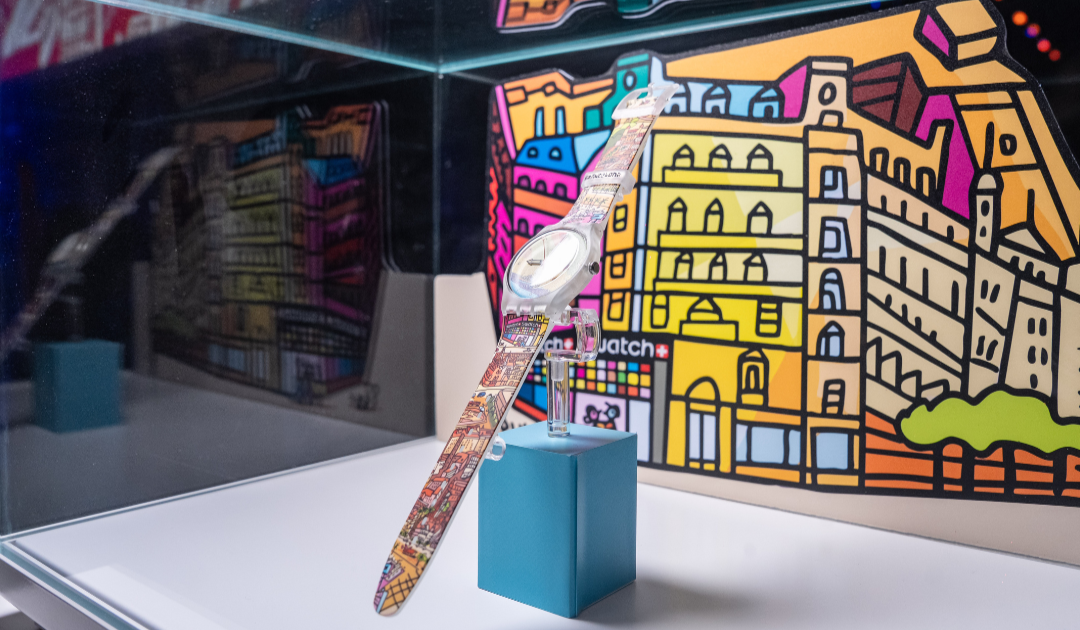 Diseño y producción del espacio para la presentación del reloj Grancelona de Swatch, de Javier Mariscal